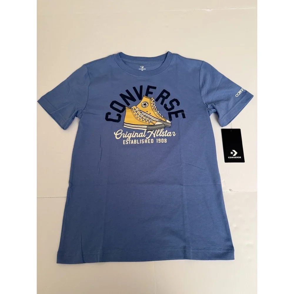 Converse Boy's T Shirt Medium Blue Yellow Sneakers Graphic NWT